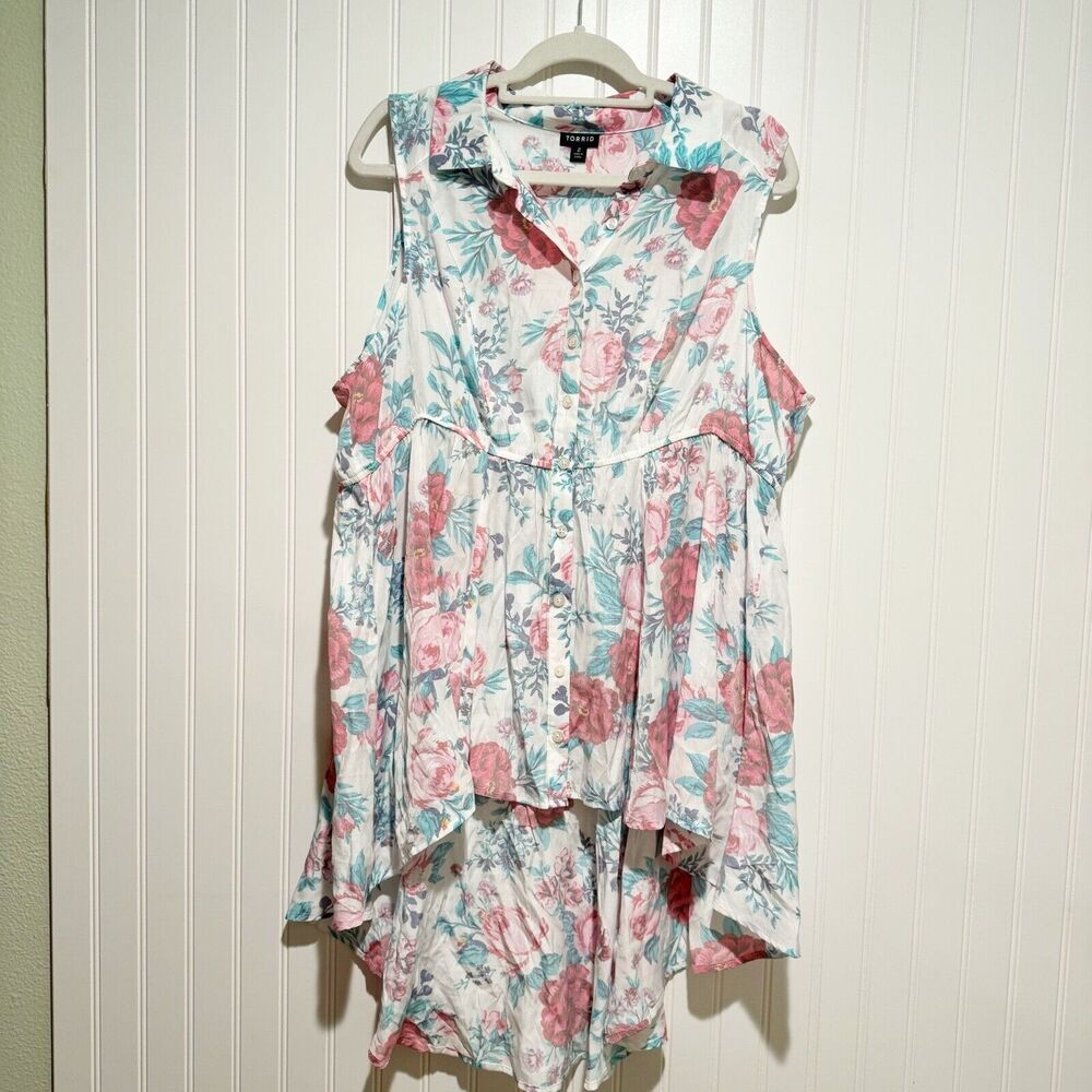 Torrid Babydoll Poplin Button Front Shirt Flowy Floral Summery Sleeveless 2X - Picture 2 of 7